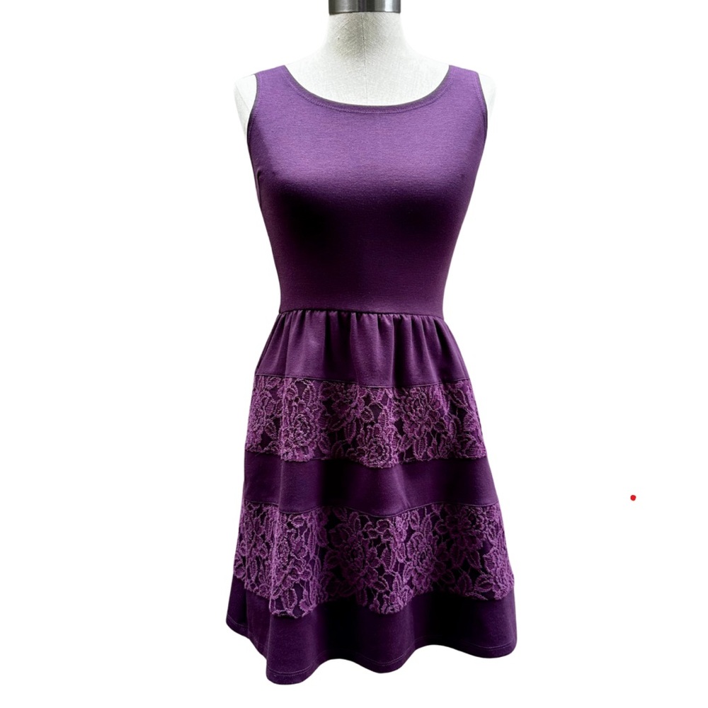 Purple Fit and Flair Sleeveless Dress with Lace Details